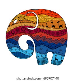 Silhouette of an elephant filled with African national patterns. Vector illustration