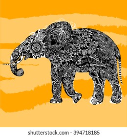 Silhouette of elephant in floral pattern Vector Illustration