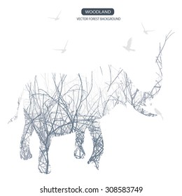 silhouette of elephant in forest background, vector illustration