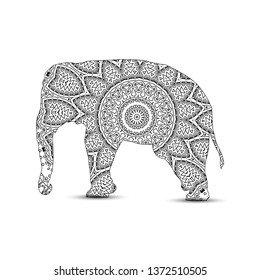 Silhouette of elephant with king`s circular ornament.  Zentagle art.