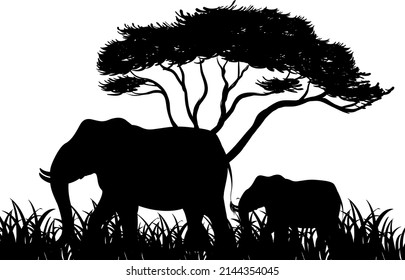 Silhouette elephant in nature white background illustration
