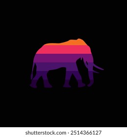 La silueta de un elefante en un atardecer retro. Dibujado a mano, no AI