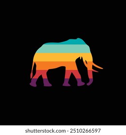 The silhouette of an elephant in a retro sunset. Original vector illustration in vintage style. Hand drawn, not AI