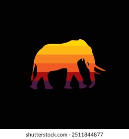 The silhouette of an elephant in a retro sunset. Original vector illustration in vintage style. Hand drawn, not AI