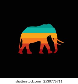 The silhouette of an elephant in a retro sunset. Original vector illustration in vintage style isolated on black background. Hand drawn, not AI