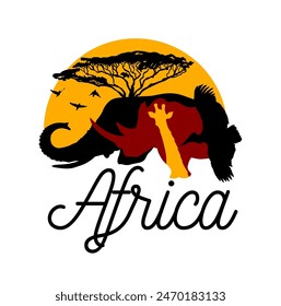 Silhouette of an elephant with sunset, logo. Logo Africa animal silhouettes. Hand drawing. Not AI. Printing on a T-shirt. Vector illustration.