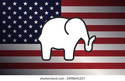 Una silueta de un elefante, que simboliza el Partido Republicano, se encuentra en el fondo de la bandera estadounidense, destacando la influencia y el significado del partido en el panorama político de Estados Unidos