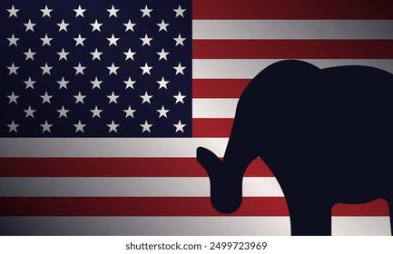 A silhouette of an elephant, symbolizing the Republican Party, stands against the background of the American flag, highlighting the party's influence and significance in the political landscape of USA