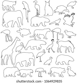 Silhouette elephant tiger bear giraffe flamingo pelican goose on a white background