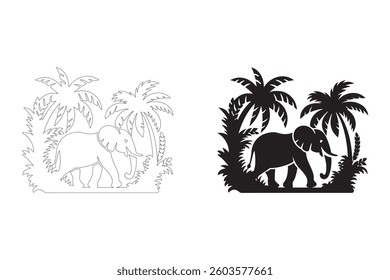 silhouette of an elephant in a tropical jungle. Fully editable Flat and Outline.