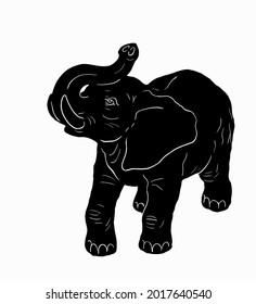 Silhouette of an elephant with trunk up.Drawn silhouette of an elephant.Elephant with trunk up.Walking elephant.Vector silhouette.