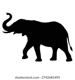 Silhouette of an elephant walking with trunk up isolated on transparent background