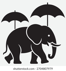 Silueta de un elefante caminando bajo dos paraguas