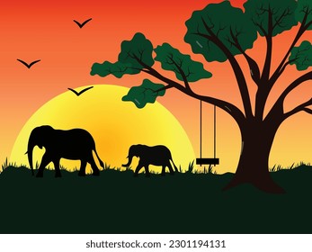 Silhouette of elephants from the African savannah. Scenery. Africa. Bright vector illustration. Wild life.