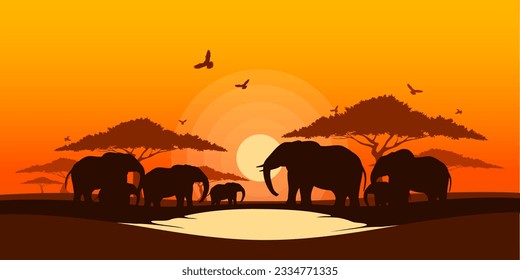 Silhouette of Elephants family in sunset, World elephant day, Wildlife and Nature landscape of savanna field, Grassland safari travel, Environmental and Ecology conservation, National park in Africa.