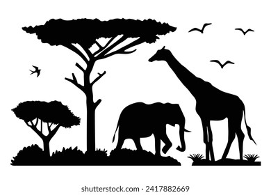 Silhouette of elephants, giraffes, birds, and trees in the African savannah. Silhouette of animals