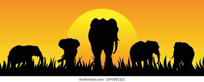 Silhouette of Elephants of the savannah. Wildlife concept. Vector illustration.