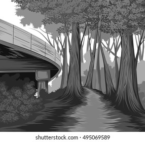 Silhouette elevated road and forest side vector nature landscape background