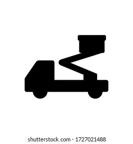 Silhouette of elevated work platform. Black illustration of hydraulic special machinery. Outline icon of aerial lift. Flat isolated vector on white background. Car shipping sign