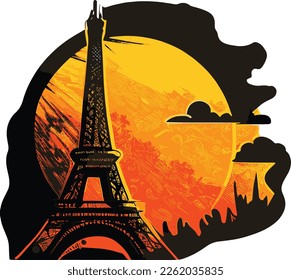 Silhouette of elfel tower at sunset. Vector image..