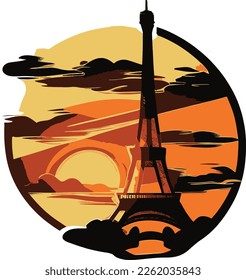 Silhouette of elfel tower at sunset. Vector image..