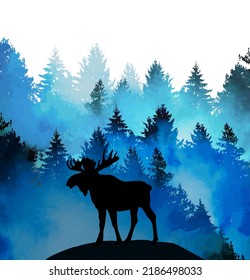 Silhouette. Elk with big horns on the background of Canadian fir trees. The nature of Canada, USA, Scandinavia and Europe. Realistic vector landscape.