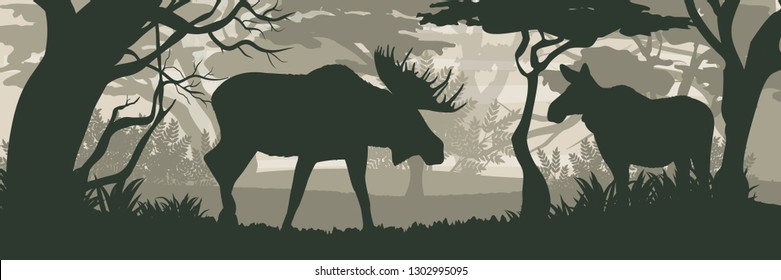 Silhouette. Elk and moose cow in the forest. Wild animals of Eurasia, Scandinavia, Canada and America. Realistic Vector Landscape