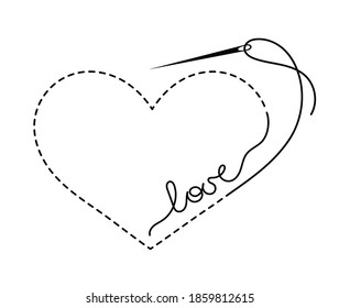 Silhouette of embroidered heart with thread, sewing needle and inscription "love". Black isolated vector illustration of handmade work and creative occupation