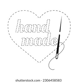 Silhouette of embroidered heart with thread, sewing needle and inscription "hand made". Black isolated vector illustration of handmade work and creative occupation	