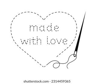 Silhouette of embroidered heart with thread, sewing needle and inscription "made with love". Black isolated vector illustration of handmade work and creative occupation