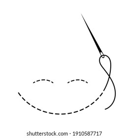 Silhouette of embroidered smile with interrupted contour and closed eyes. Vector illustration of handmade work with embroidery thread and needle on white background.	