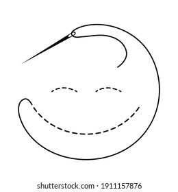 Silhouette of embroidered smile with interrupted contour and closed eyes. Vector illustration of handmade work with embroidery thread and needle on white background.	