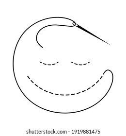 Silhouette of embroidered smile with interrupted contour and closed eyes. Vector illustration of handmade work with embroidery thread and needle on white background.	