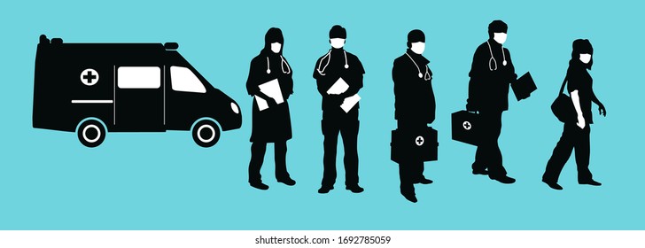 Silhouette of emergency doctors in medical uniforms and medical masks. Outline drawing of an ambulance. Flat infographics in vector style.