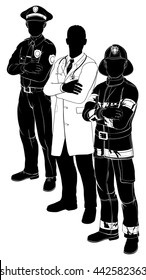 Silhouette Emergency Rescue Services Worker Team With Policeman, Fireman And Doctor