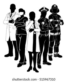 Silhouette emergency rescue services worker team with male and female police, fireman and doctors
