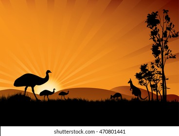 a silhouette of emus and kangaroo in the sunset Australian