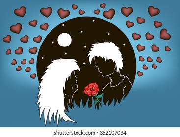 silhouette of enamored men and women against the background of the moon and hearts. Vector illustration