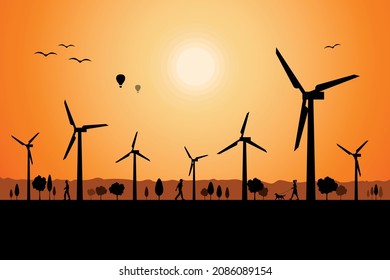 Silhouette energy turbines in sunset landscape. Renewable and Eco Friendly Energy Concept Vector Banner Vector Flat design elements for Clean Environment Technological sustainable Alternative Energy