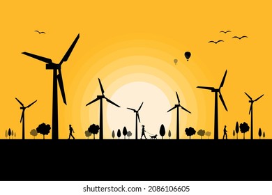 Silhouette energy turbines in sunset landscape. Renewable and Eco Friendly Energy Concept Vector Banner Vector Flat design elements for Clean Environment Technological sustainable Alternative Energy