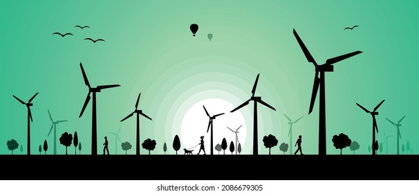 Silhouette energy turbines in sunset landscape. Renewable and Eco Friendly Energy Concept Vector Banner Vector Flat design elements for Clean Environment Technological sustainable Alternative Energy