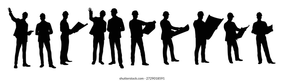 Silhouette des Ingenieurs oder Architekten, der die Projektpläne überprüft 