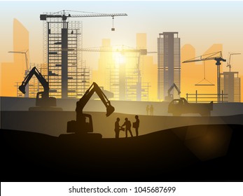 Silhouette of engineer and construction team working at site over blurred background sunset pastel for industry background with Light fair.Vector illustration template design