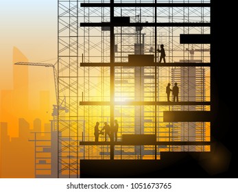 Silhouette of engineer and construction team working at site over blurred background sunset pastel for industry background with Light fair.Vector illustration template design