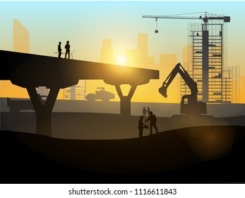 Silhouette Of Engineer And Construction Team Working Expressway Go To City Over Blurred Background Sunset Pastel For Industry Background With Light Fair. Vector Illustration Template Design