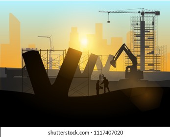 Silhouette of engineer and construction team working expressway go to city over blurred background sunset pastel for industry background with Light fair. Vector illustration template design