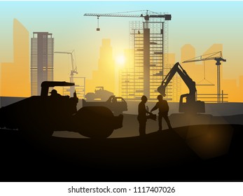 Silhouette of engineer and construction team working at site over blurred background sunset pastel for industry 

background with Light fair.Vector illustration template design