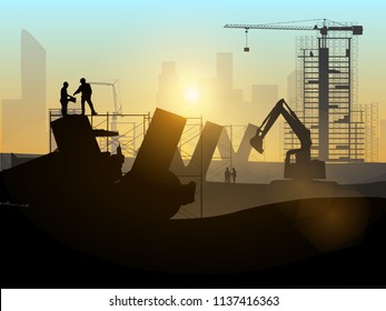 Silhouette of engineer and construction team working at site over blurred background for industry background with Light fair.Vector illustration template