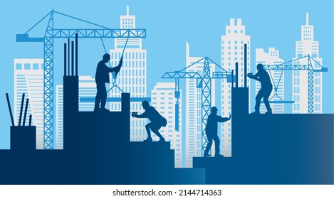 Silhouette engineer and  construction team working at site.Vector paper cut style.