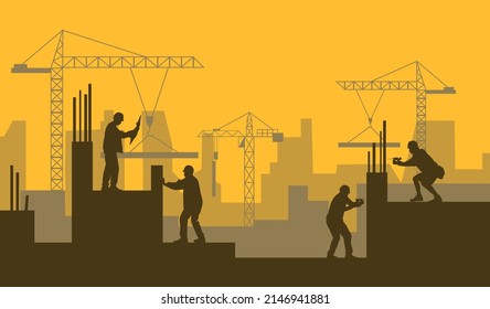 Silhouette of engineer and construction team working at site.Vector illustration